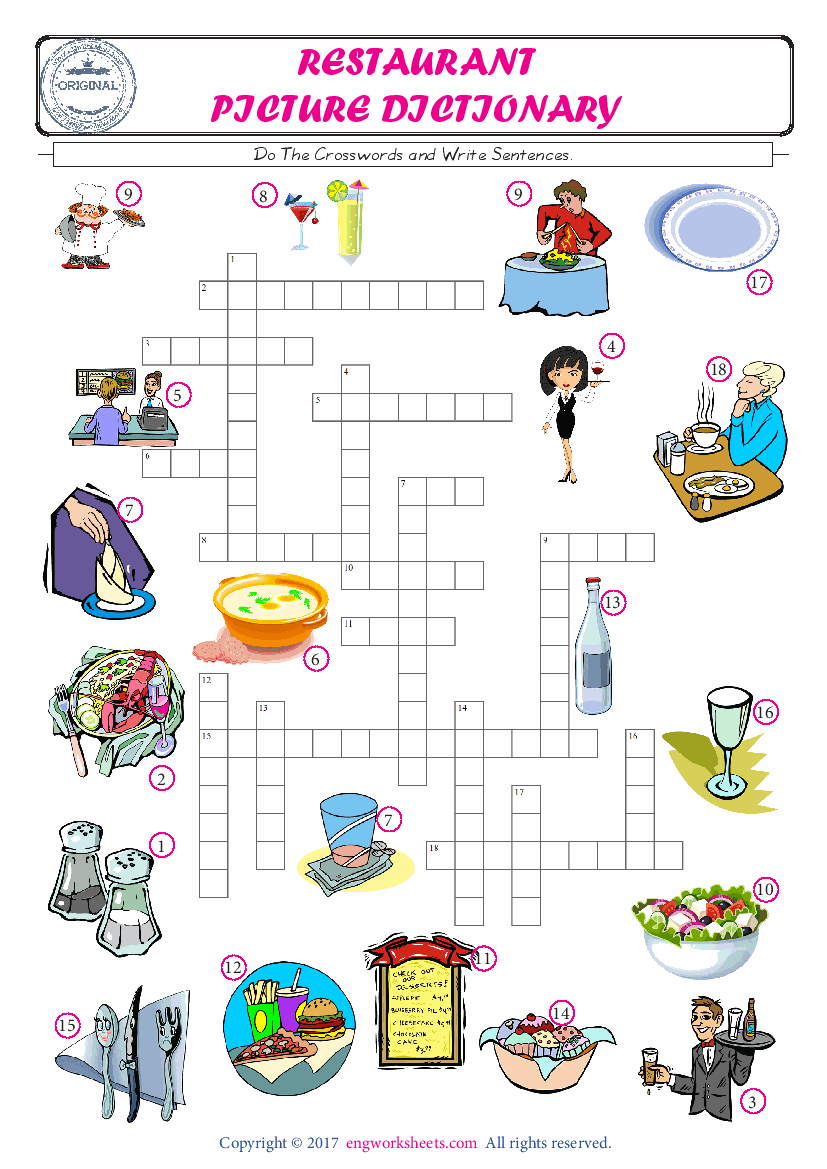  ESL printable worksheet for kids, supply the missing words of the crossword by using the Restaurant picture. 